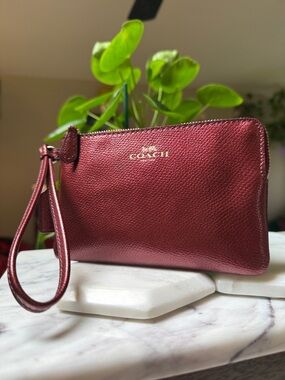 Coach Metallic Red Leather Wristlet with Gold Logo